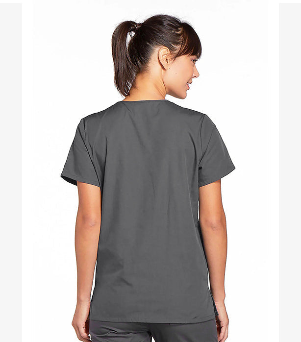 Poplin Women's Scrub top 2 pocket solid front open v-neck with snap buttons half sleeve