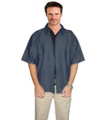 Denim barber jacket with collar 2 pockets half sleeve with zipper dark shade